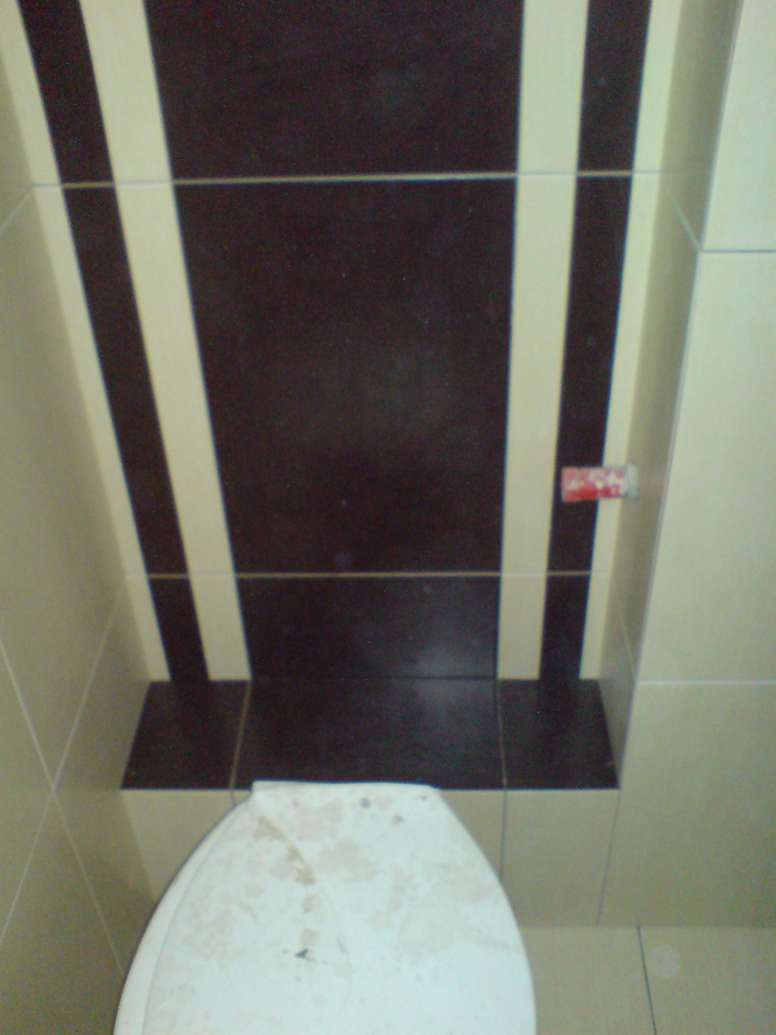 Ukończona aranżacja łazienki z brązowo-białymi pasami na suficie nad toaletą, widoczne fugi i fragment toalety z drobnymi zabrudzeniami.